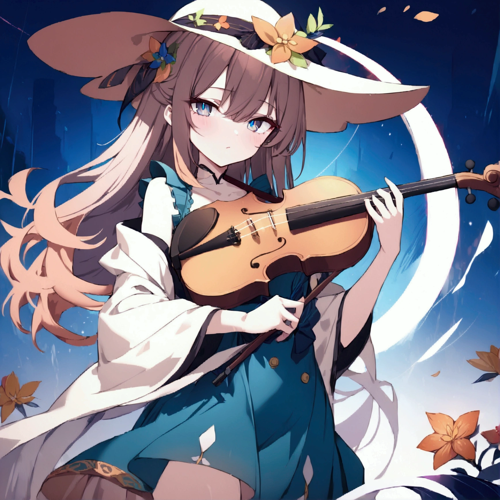 (1girl, Masterpiece, best quality) (detailed and beautiful eyes:1.6) (perfect hands, perfect anatomy) (full body) holding a violin, wearing big flower hat