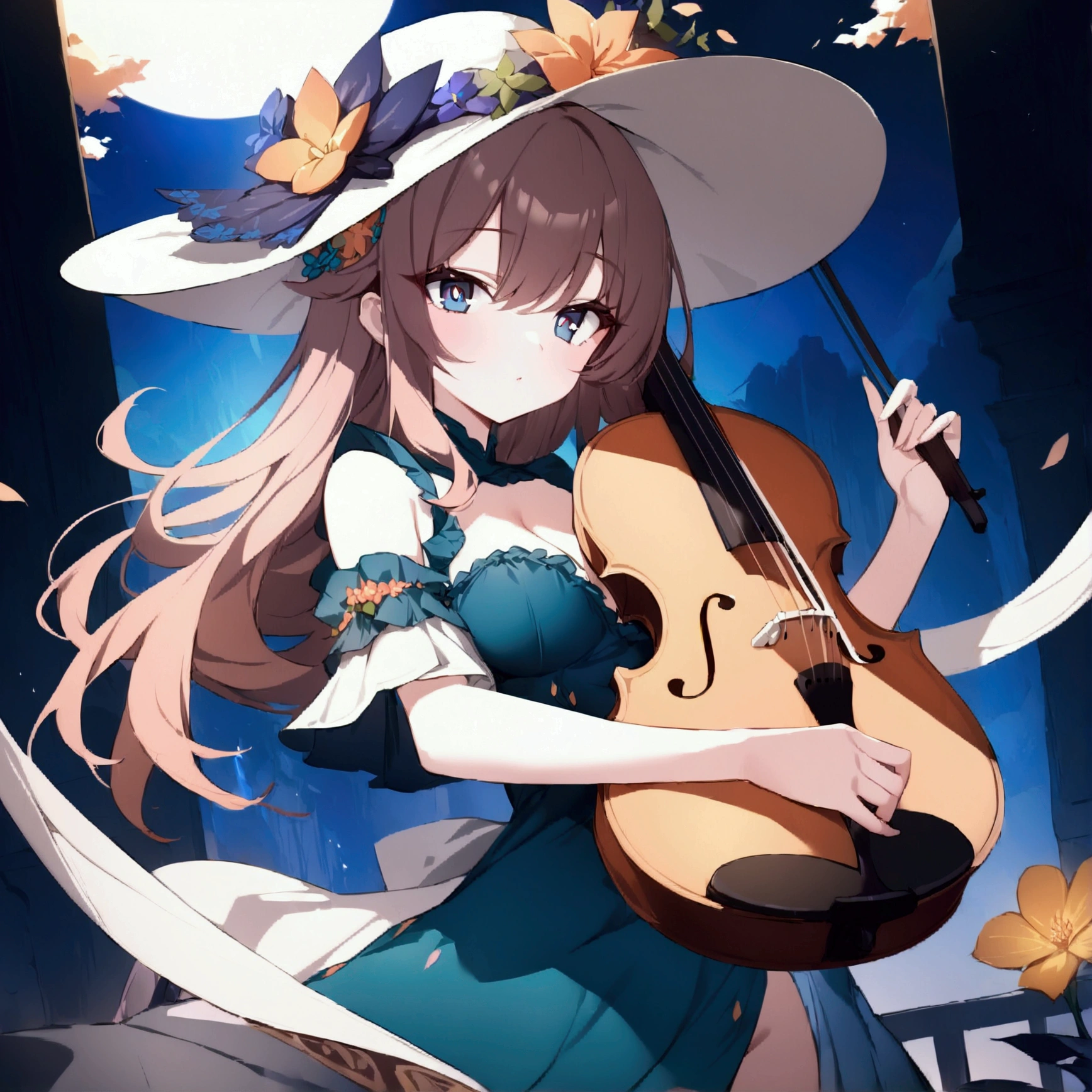 (1girl, Masterpiece, best quality) (detailed and beautiful eyes:1.6) (perfect hands, perfect anatomy) (full body) holding a violin, wearing big flower hat
