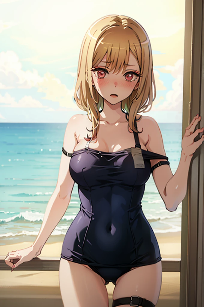 Random pose、school swimwear、Acme Face、Random pose、, Pale red eyes、Semi-long hair、Chestnut Hair、Sandy Beach、、、nsfw、Highest quality、1 girl、solo、Ocean、Sexy pose、Random pose、Blushing、Wet、Embarrassed、I can see half of my 、、One piece swimsuit、(Strap slip:1.3)、School Swimsuit