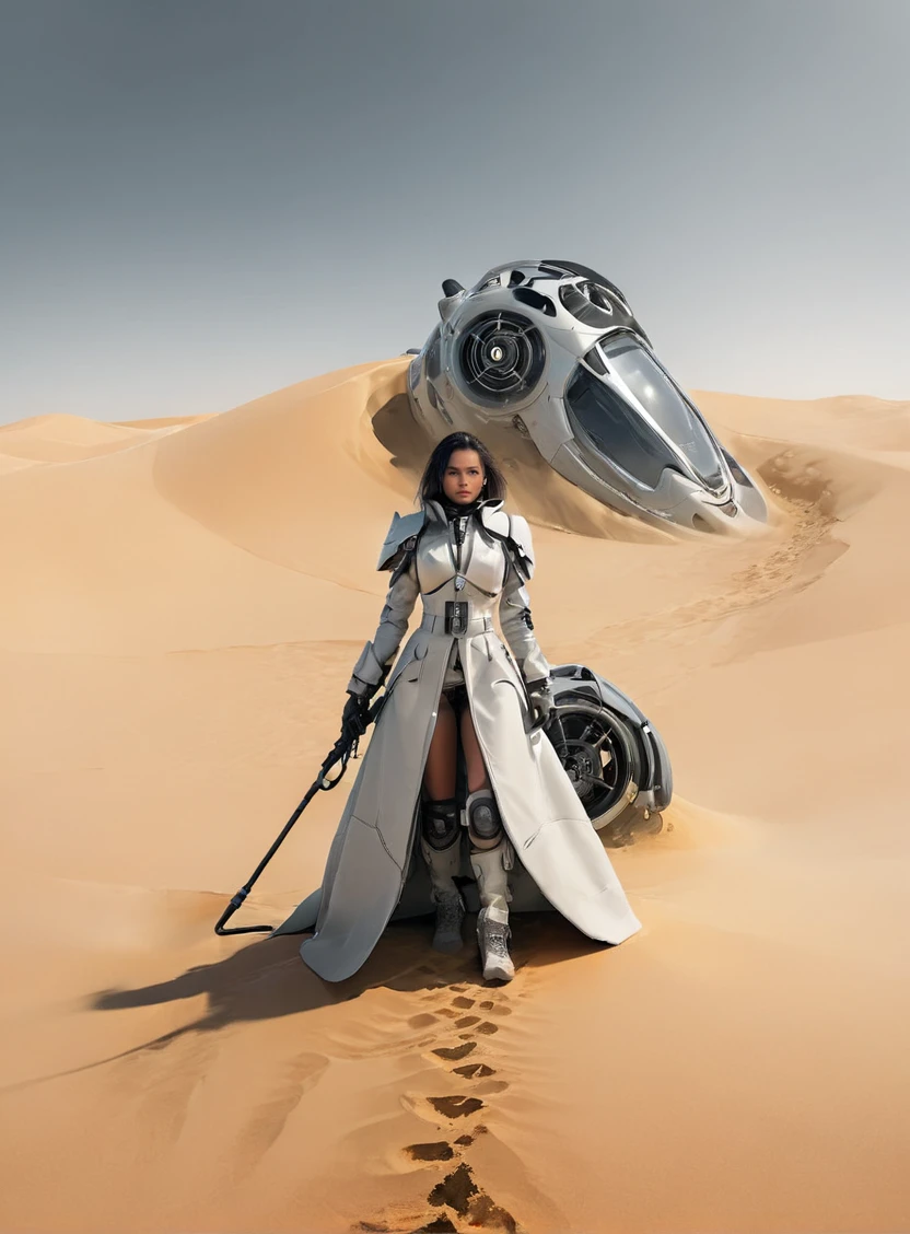 a beautiful woman in a long coat standing a desert, looking at the camera, with a futuristic hoovering car, coming out of the sand in the background , concept art, fantasy art 