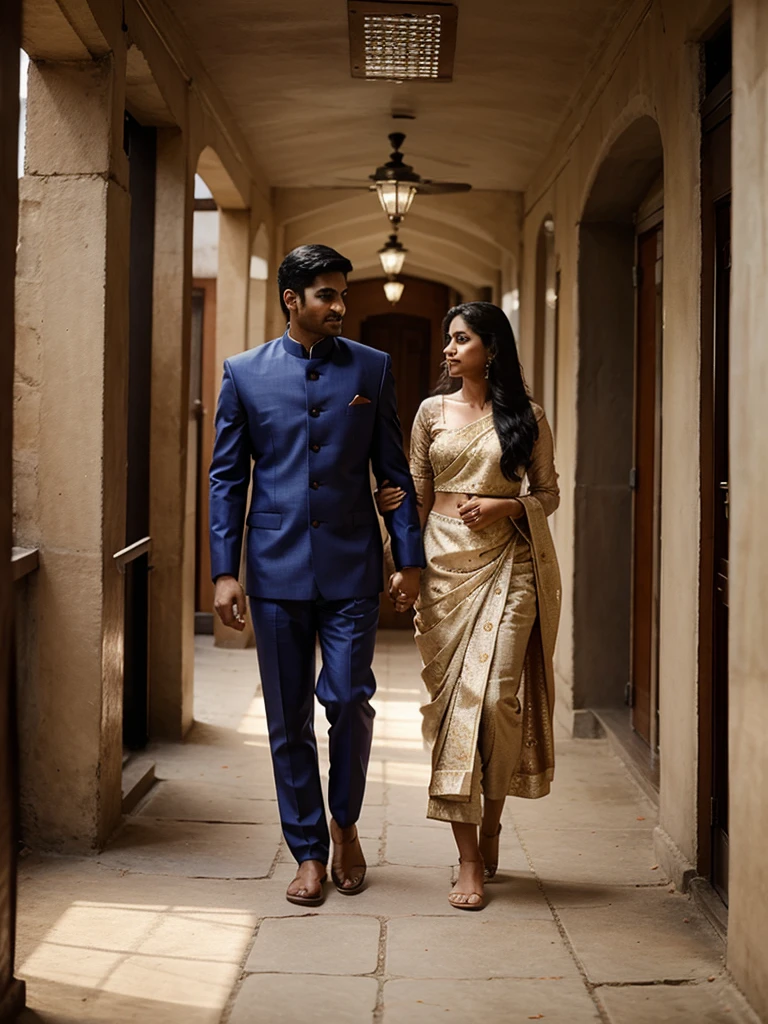 An indian couple wearing traditional suit walking holding each other hands, love portrait 