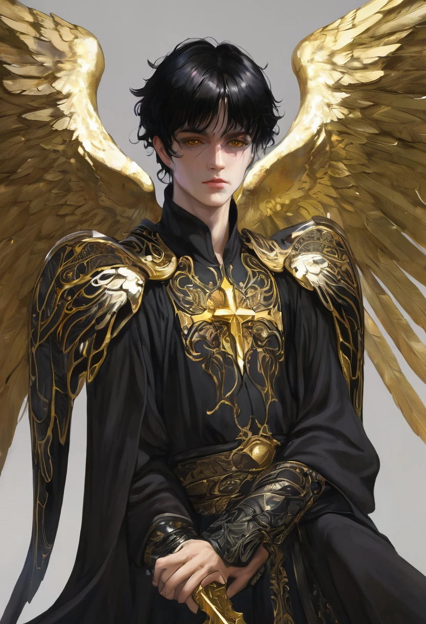1man, adult, angel, pale skin, black hair, very short hair, white hairlocks, golden eyes, broken face, crack on the face, radiance coming from the crack, missing eye, black wings, eyed wings, bird legs, black robes, golden details, golden shoulder pads, golden prothesis in right hand, clawsprothesis, sword-cross on hands, eclipse, fullbody