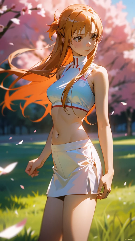 A beautiful young woman with light orange hair, asuna yuuki from sao, asuna yuuki, wearing a bra and underwear, standing in a field of cherry blossoms, her flat stomach and medium breasts visible, captured from a dutch angle, (best quality, 4k, 8k, highres, masterpiece:1.2), ultra-detailed, (realistic, photorealistic, photo-realistic:1.37)