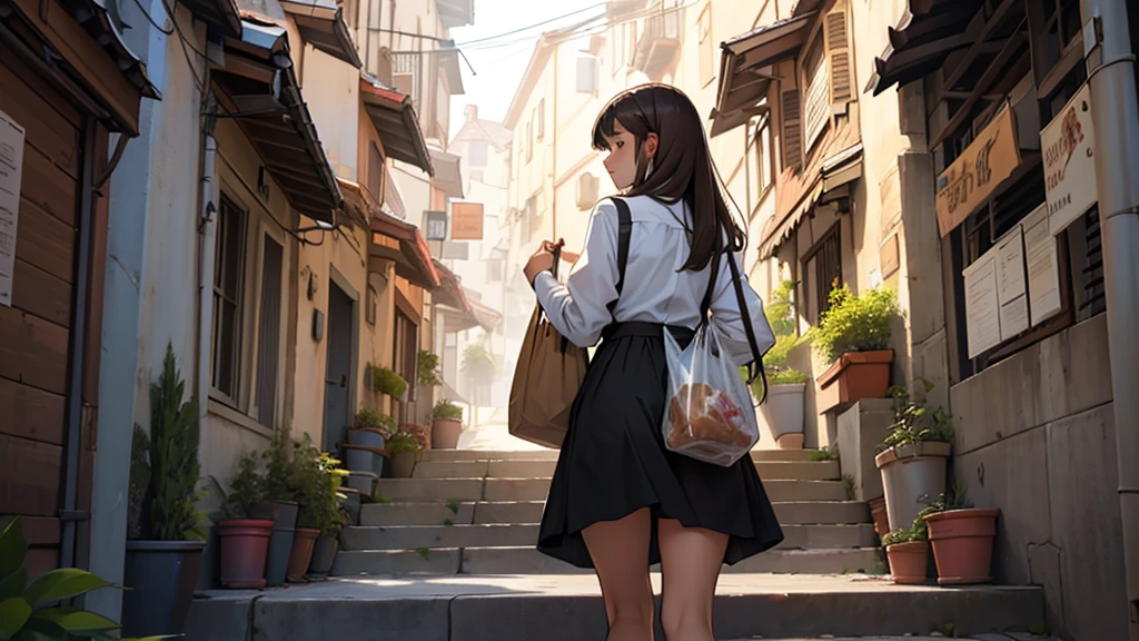 ((best quality)), ((work of art)), ((detailed)), woman, long brown hair with bangs, from behind, wearing a dress shirt, black skirt, climbing stairs, holding a grocery bag in hand