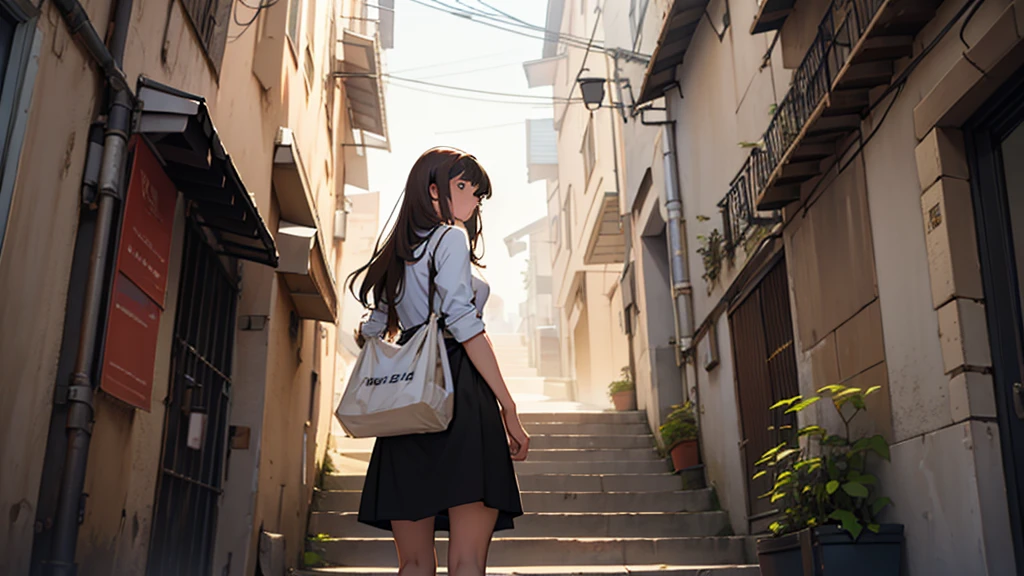 ((best quality)), ((work of art)), ((detailed)), woman, long brown hair with bangs, from behind, wearing a dress shirt, black skirt, climbing stairs, holding a grocery bag in hand
