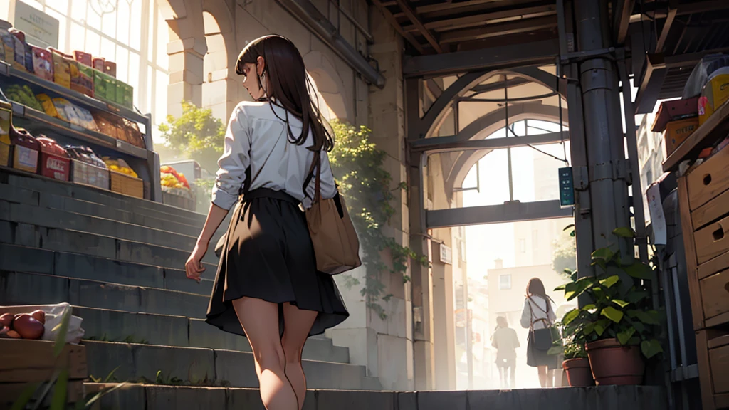 ((best quality)), ((work of art)), ((detailed)), woman, long brown hair with bangs, from behind, wearing a dress shirt, black skirt, climbing stairs, holding a grocery bag in hand
