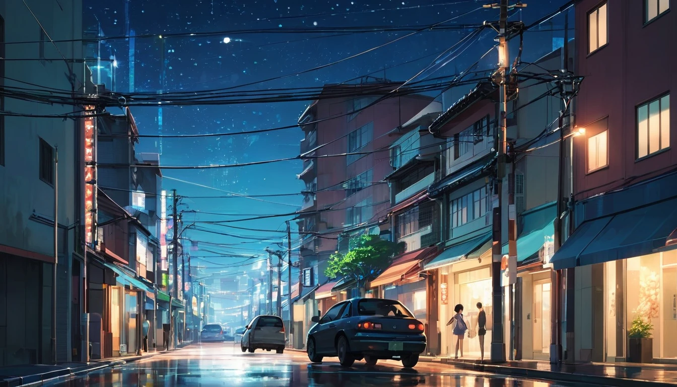 Um cenário urbano com luzes de néon, ruas tranquilas e um céu estrelado, noite, estilo anime ((makoto shinkai)), makoto shinkai	, background anime full hd, conceptual artwork, tumblr, magical realism, cute anime, anime full hd, anime movie backgrounds, cloudy sky, album ilustration