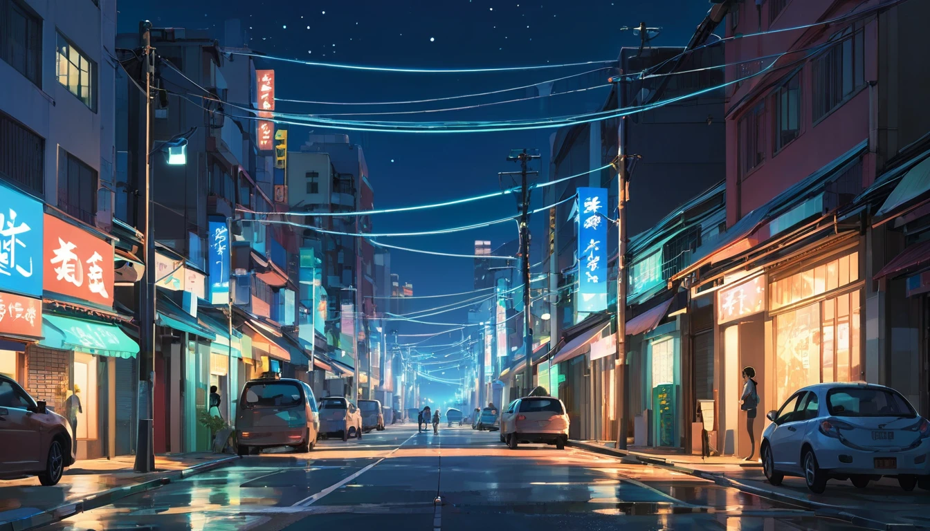 Um cenário urbano com luzes de néon, ruas tranquilas e um céu estrelado, noite, estilo anime ((makoto shinkai)), makoto shinkai&#9, background anime full hd, conceptual artwork, tumblr, magical realism, cute anime, anime full hd, anime movie backgrounds,  cloudy sky, album ilustration