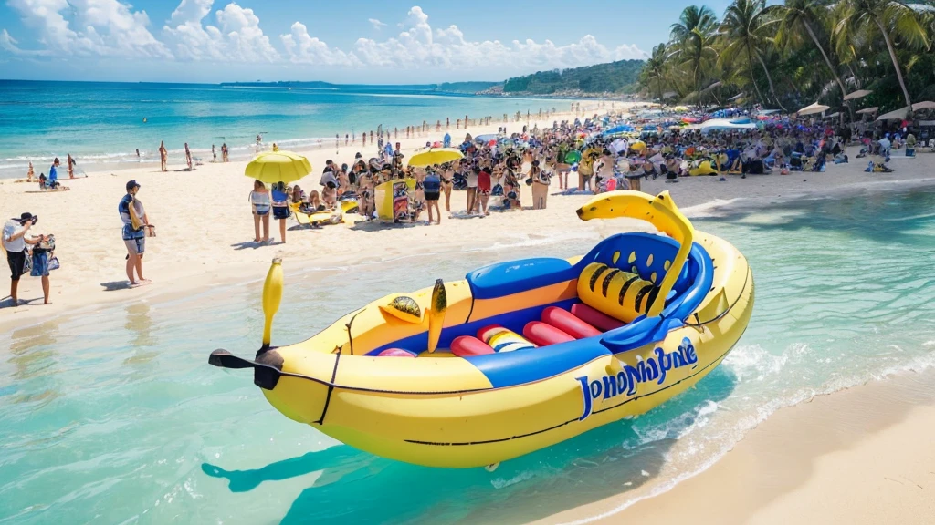 masterpiece, best quality, ultra-detailed, detailed scenery, beautiful detailed eyes, Angle from the front, (Landscape Photography:0.9),
Beach, (crowd of men:1.4), 3-4 Japanese men looking at the viewer, wearing only swim trunks,
beach chairs, beach ball, beach umbrella, (toy banana boat in the sea:1.3),