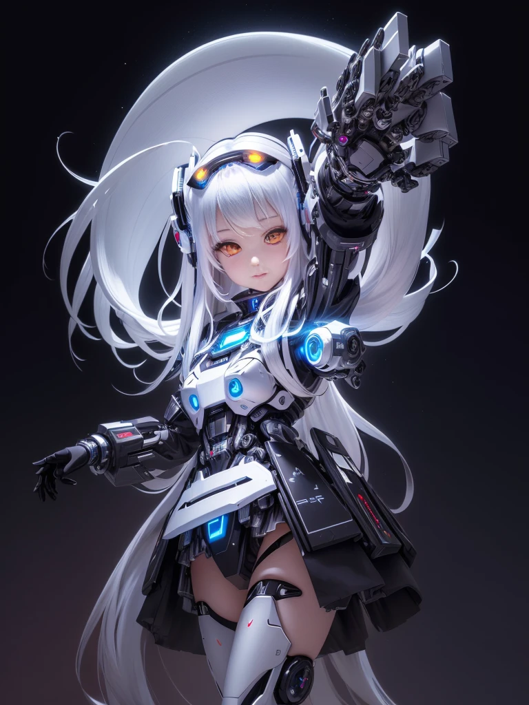 Cute girl, White glowing eyes, best anime 4k konachan wallpaper, Metal and glowing eyes, Anime style 4k, Rendering a cute 3D anime girl, Digital Art on pixiv, Stylized anime, Super cute ai girl with sparkling eyes full body 3D image, 1, Nice eyes, big eyes, beautiful, happy, C4D, Long white hair, Kawaii, Humanoid, AIBionic Man,Silver lines,Metal patch,Mechanical accessories,Bionic Man,脸上Silver lines。