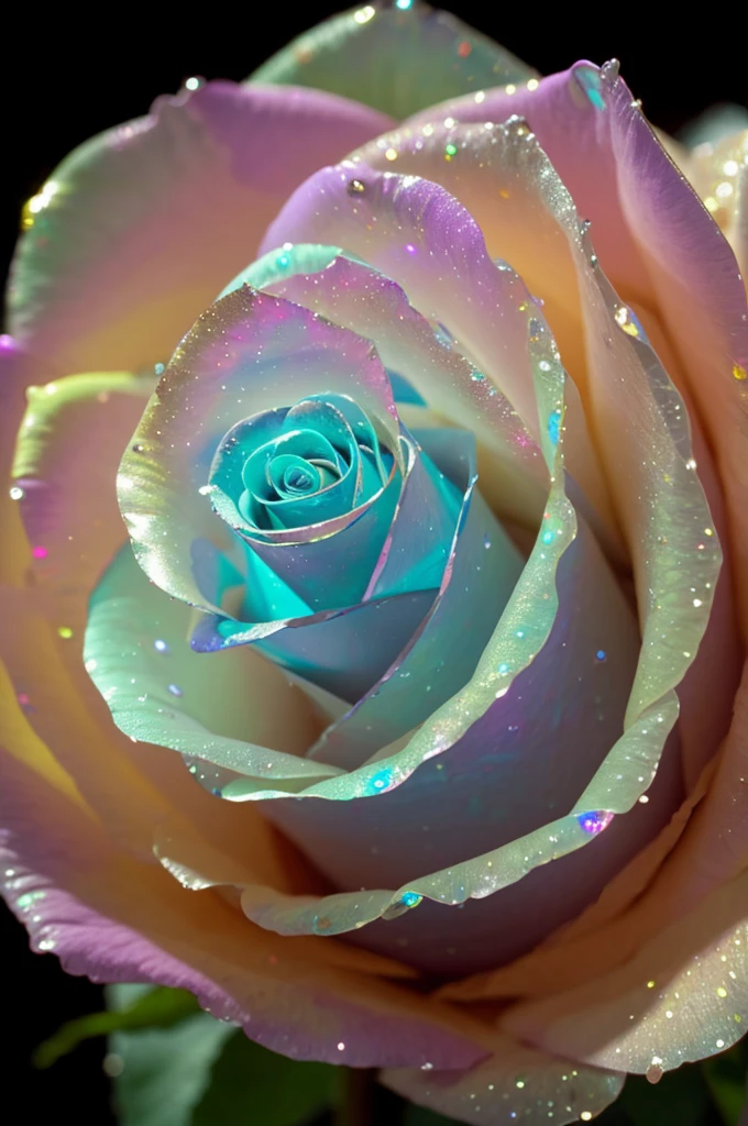 macro photo, Glowing magic fantasy glass rose dewdrop, Very detailed, Great quality, Complex, Cinematic Light, Very detailedな, beautiful, Surreal, dramatic, Galaxy Fantasy Color Opal