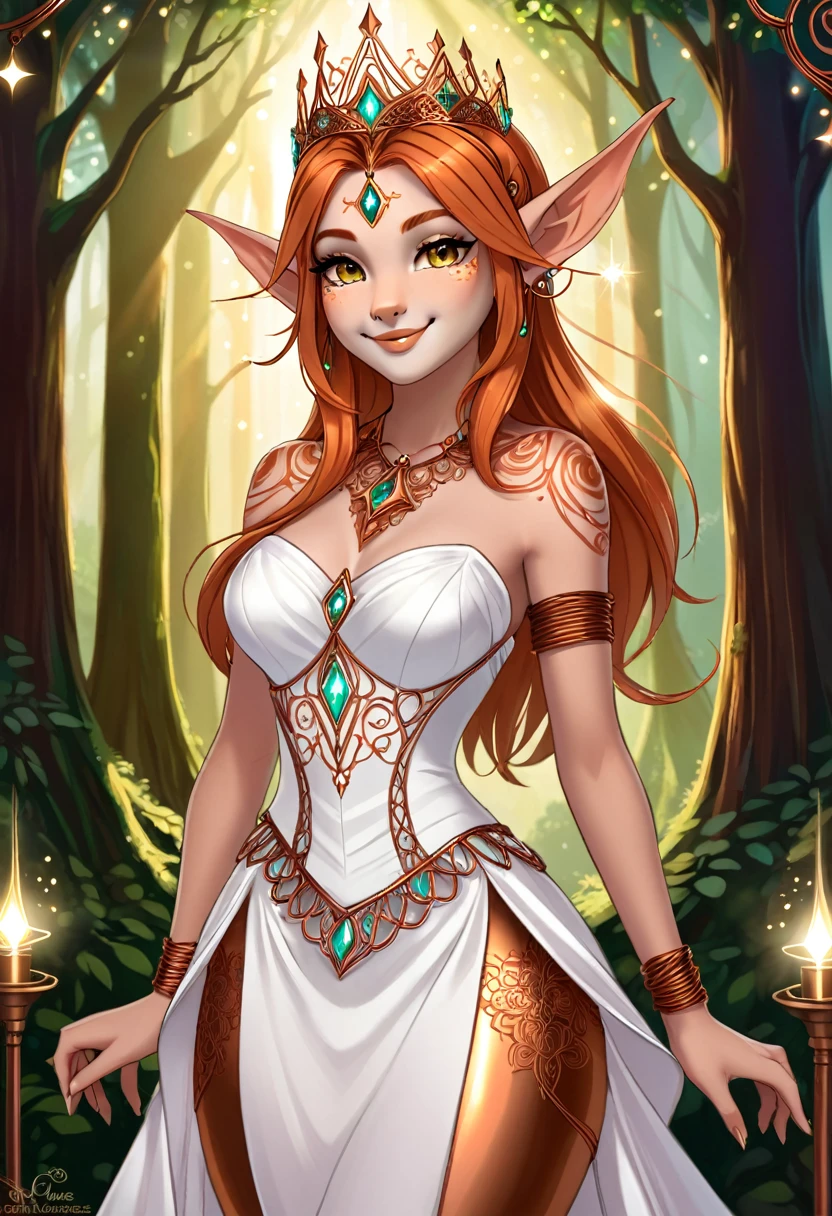 Steampunk inspired elven princess. copper wire necklaces and bangles. Crown of fine copper wire. copper coloured tatoos cover her face and body intricate and beautiful designs. LArge pointed ears that end in curlicues. Hands on hips. Ember colored eyes adorned with intricate copper wireing. a Pure white dress, hemmed with copper, covered in copper lace and filligree. cppper designs cover the skirt in a kaleidoscope of intricate copper designs. Background is magical verdant forrest. Her visage is a mesmerizing blend of Sydney Sweeney, creating a unique, symmetrical face that exudes elegance and grace. Copper colores face tattoos. Copper colored are, and chest tatoos. Cozy, romantic lighting. Cheerful smile. Copper hair that shimmers and sparkles in the lights. Hourglass figure. copper lips. copper eye shadow.