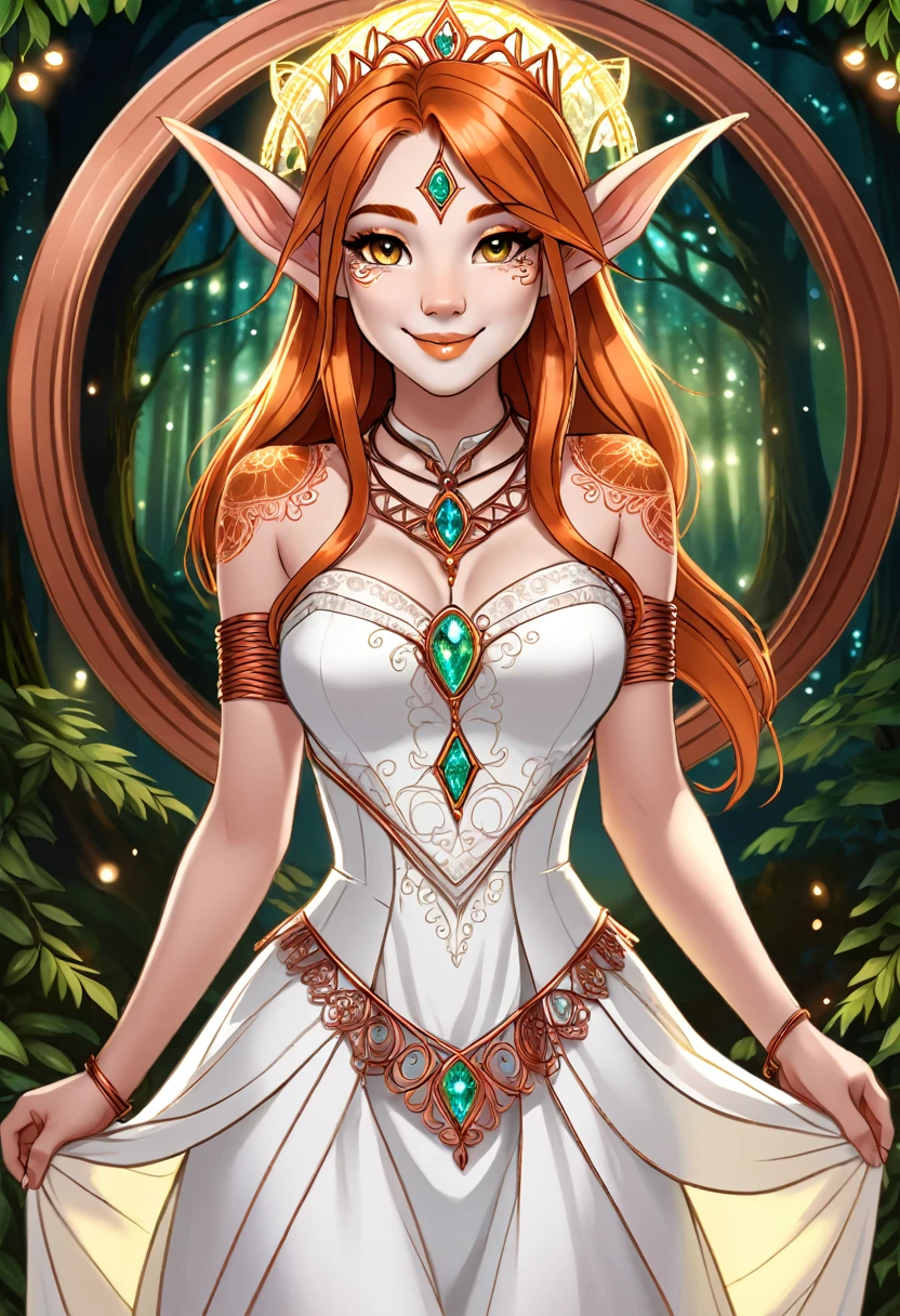 Steampunk inspired elven princess. copper wire necklaces and bangles. Crown of fine copper wire. copper coloured tatoos cover her face and body intricate and beautiful designs. LArge pointed ears that end in curlicues. Hands on hips. Ember colored eyes adorned with intricate copper wireing. a Pure white dress, hemmed with copper, covered in copper lace and filligree. cppper designs cover the skirt in a kaleidoscope of intricate copper designs. Background is magical verdant forrest. Her visage is a mesmerizing blend of Sydney Sweeney, creating a unique, symmetrical face that exudes elegance and grace. Copper colores face tattoos. Copper colored are, and chest tatoos. Cozy, romantic lighting. Cheerful smile. Copper hair that shimmers and sparkles in the lights. Hourglass figure. copper lips. copper eye shadow.