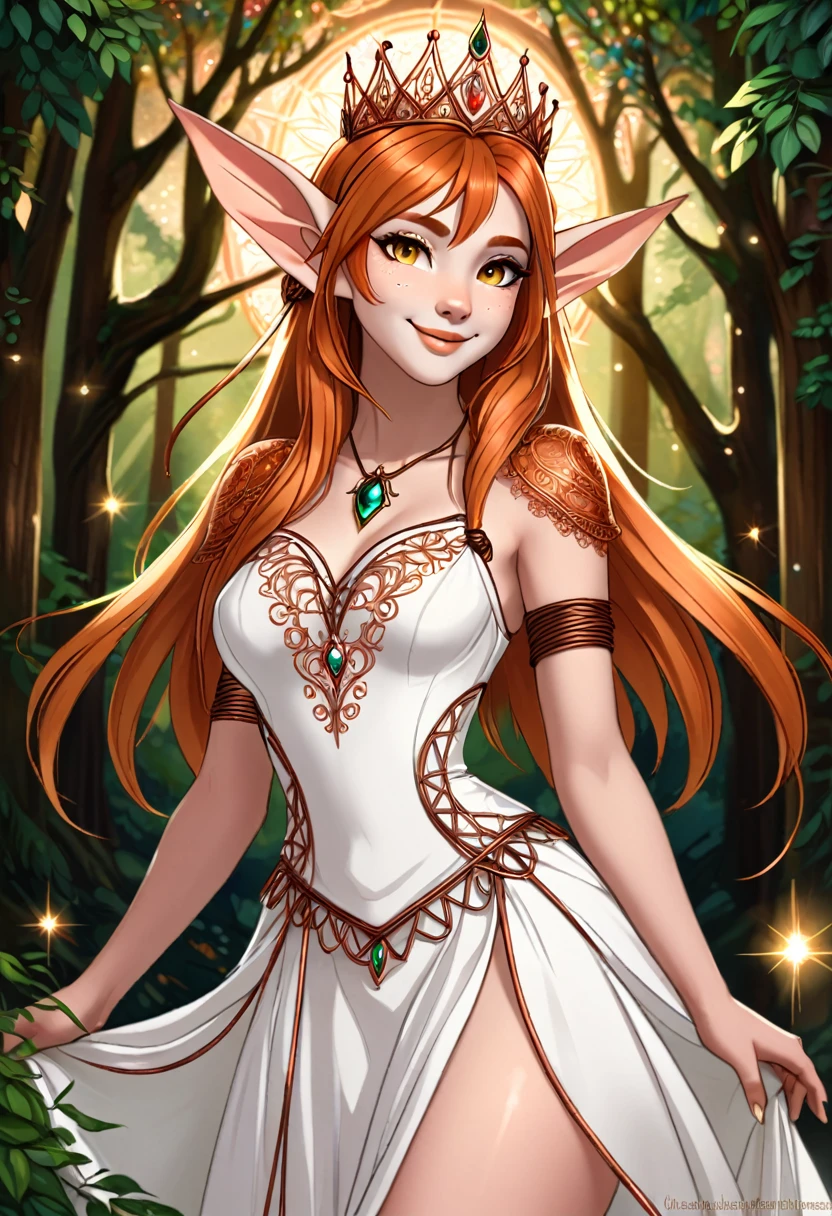 Steampunk inspired elven princess. copper wire necklaces and bangles. Crown of fine copper wire. copper coloured tatoos cover her face and body intricate and beautiful designs. LArge pointed ears that end in curlicues. Hands on hips. Ember colored eyes adorned with intricate copper wireing. a Pure white dress, hemmed with copper, covered in copper lace and filligree. cppper designs cover the skirt in a kaleidoscope of intricate copper designs. Background is magical verdant forrest. Her visage is a mesmerizing blend of Sydney Sweeney, creating a unique, symmetrical face that exudes elegance and grace. Copper colores face tattoos. Copper colored are, and chest tatoos. Cozy, romantic lighting. Cheerful smile. Copper hair that shimmers and sparkles in the lights. Hourglass figure. copper lips. copper eye shadow.