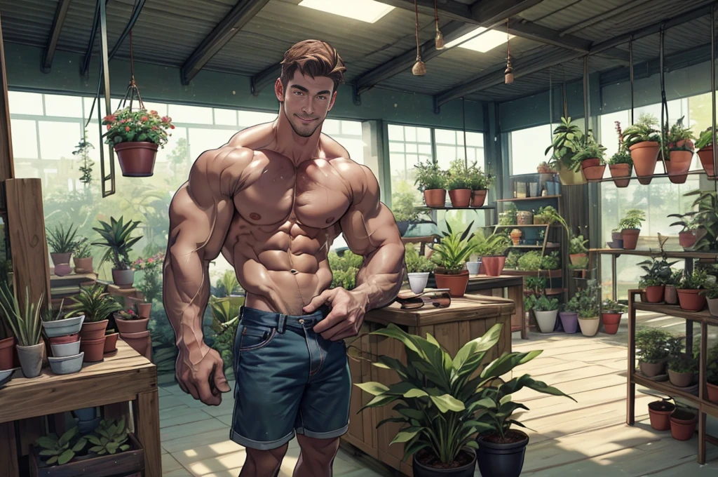 Clear background、A handsome tall man standing, He is 28 years old，Thin waist，The pectoral muscles are well developed, He is 175cm tall，Weight 62 kg、yellow-green eyes、brown hair color、short hair、Shirtless、Denim shorts,Holding a potted plant in hand、looking into camera，Smile，在一家gardening store內，Lots of potted plants and gardening tools placed around，Natural daylight，Warm wood decor，gardening store，indoor，Cinematic feel，gentle but sexy，Full of details，Living Style