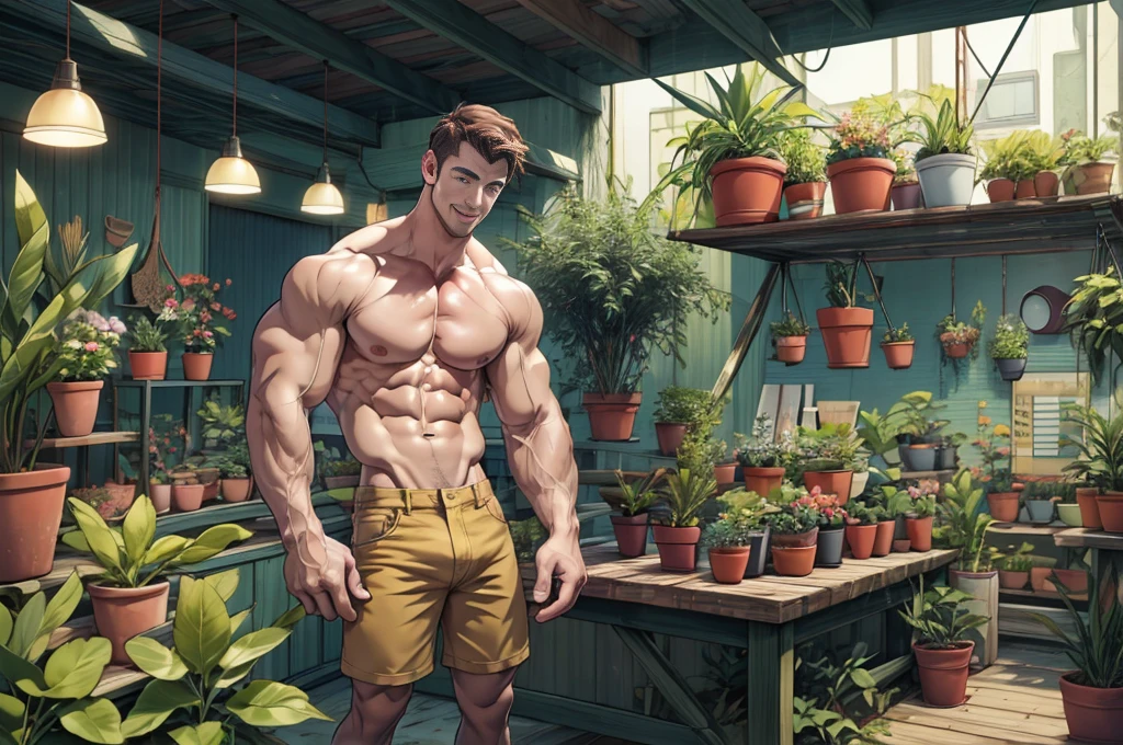 Clear background、A handsome tall man standing, He is 28 years old,Thin waist,The pectoral muscles are well developed, He is 175cm tall,Weight 62 kg、yellow-green eyes、brown hair color、short hair、Shirtless、Denim shorts,Holding a potted plant in hand、looking into camera,Smile,在一家gardening store內,Lots of potted plants and gardening tools placed around,Natural daylight,Warm wood decor,gardening store,indoor,Cinematic feel,gentle but sexy,Full of details,Living Style