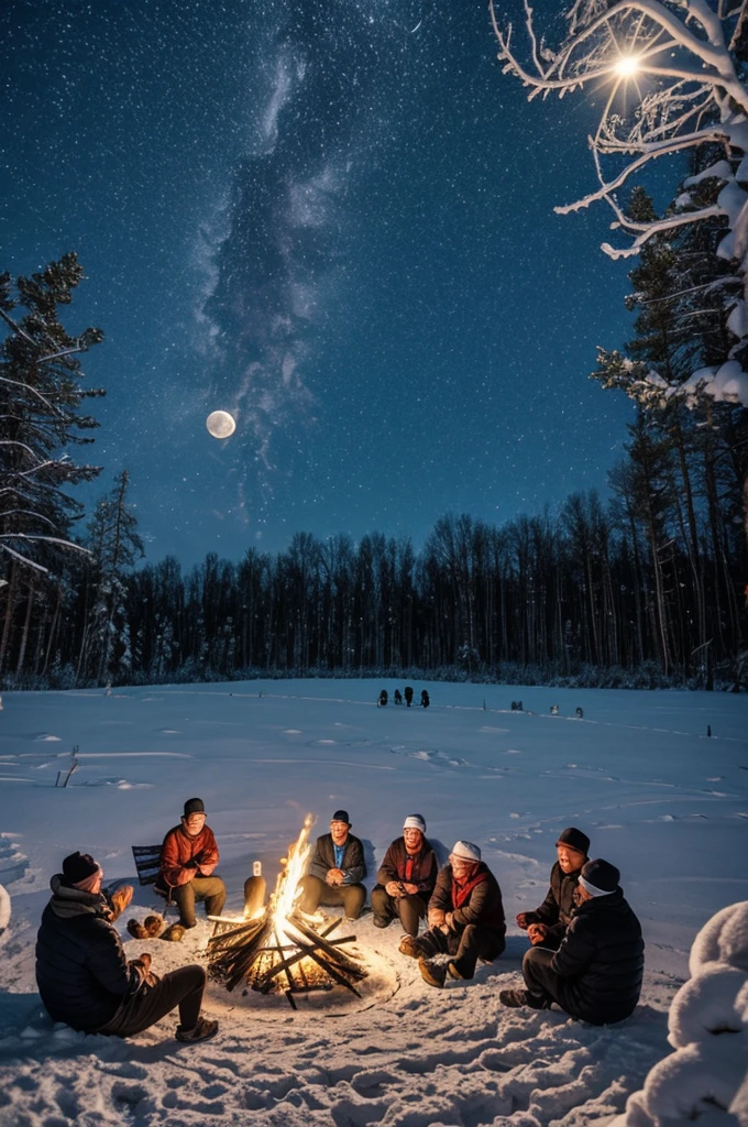 On a winter full moon night, laughing with friends by the bonfire under the tree
