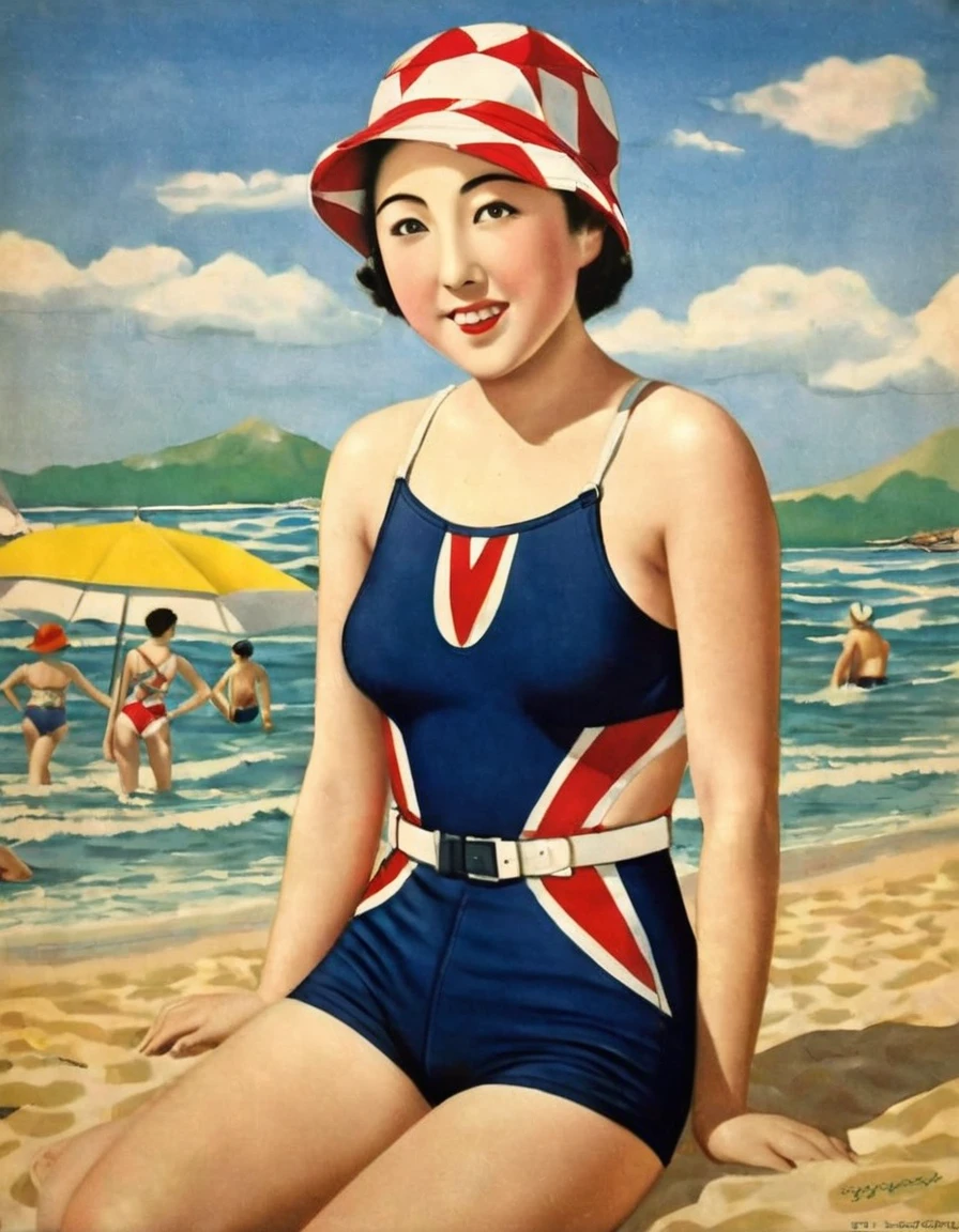 (((1930s Japanese poster)))),masterpiece、portrait,lay face down on the beach,Japanese woman,(Japanese pompadour:1.3),narrow eyes,Expressionless,geometric pattern two-piece swimsuit,(black short pants),(belt),swim cap,((she is round face)),