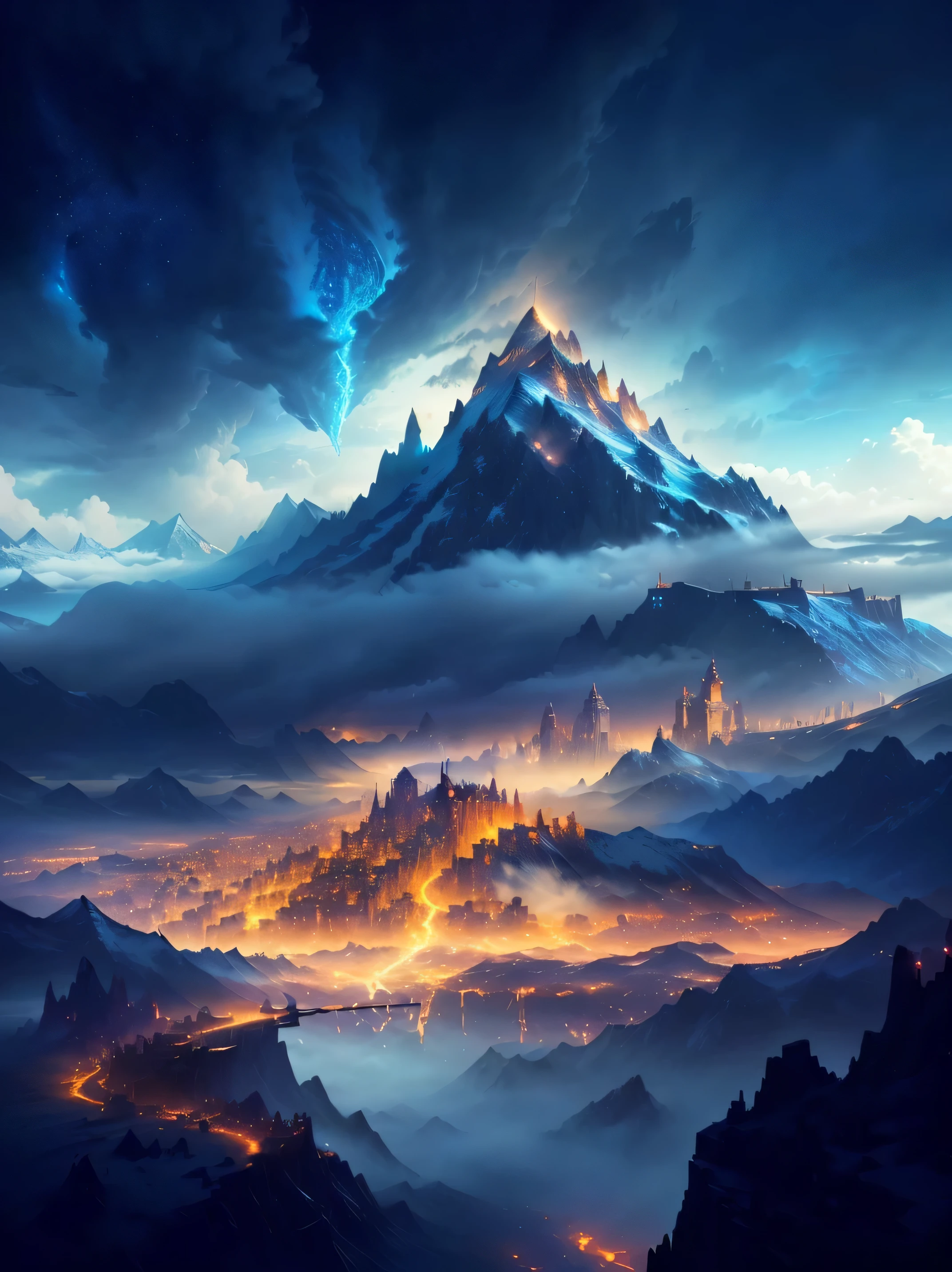 a view of a mountain with a city on top of it, 4k highly detailed digital art, impressive fantasy landscape, epic fantasy landscape, 4k fantasy art, epic fantasy digital art style, 8k fantasy art, 8k stunning artwork, fantasy city background, epic dreamlike fantasy landscape, mountain fortress city, fantasy epic digital art, fantasy art landscape