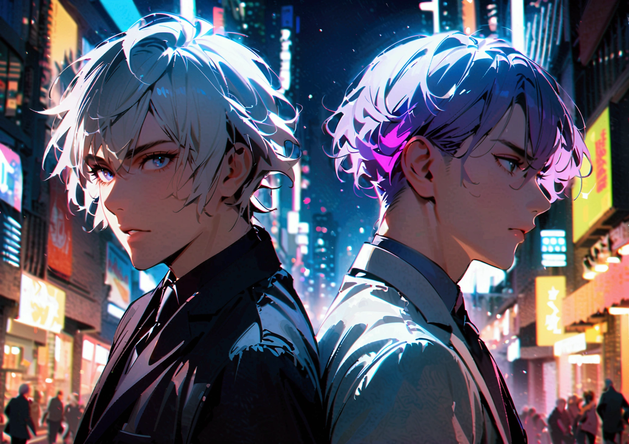 3 men with white hair, 1 man with black hair, 1 man in a black suit with purple hair, 1 man in a white suit turning their backs in the middle of the city at night.