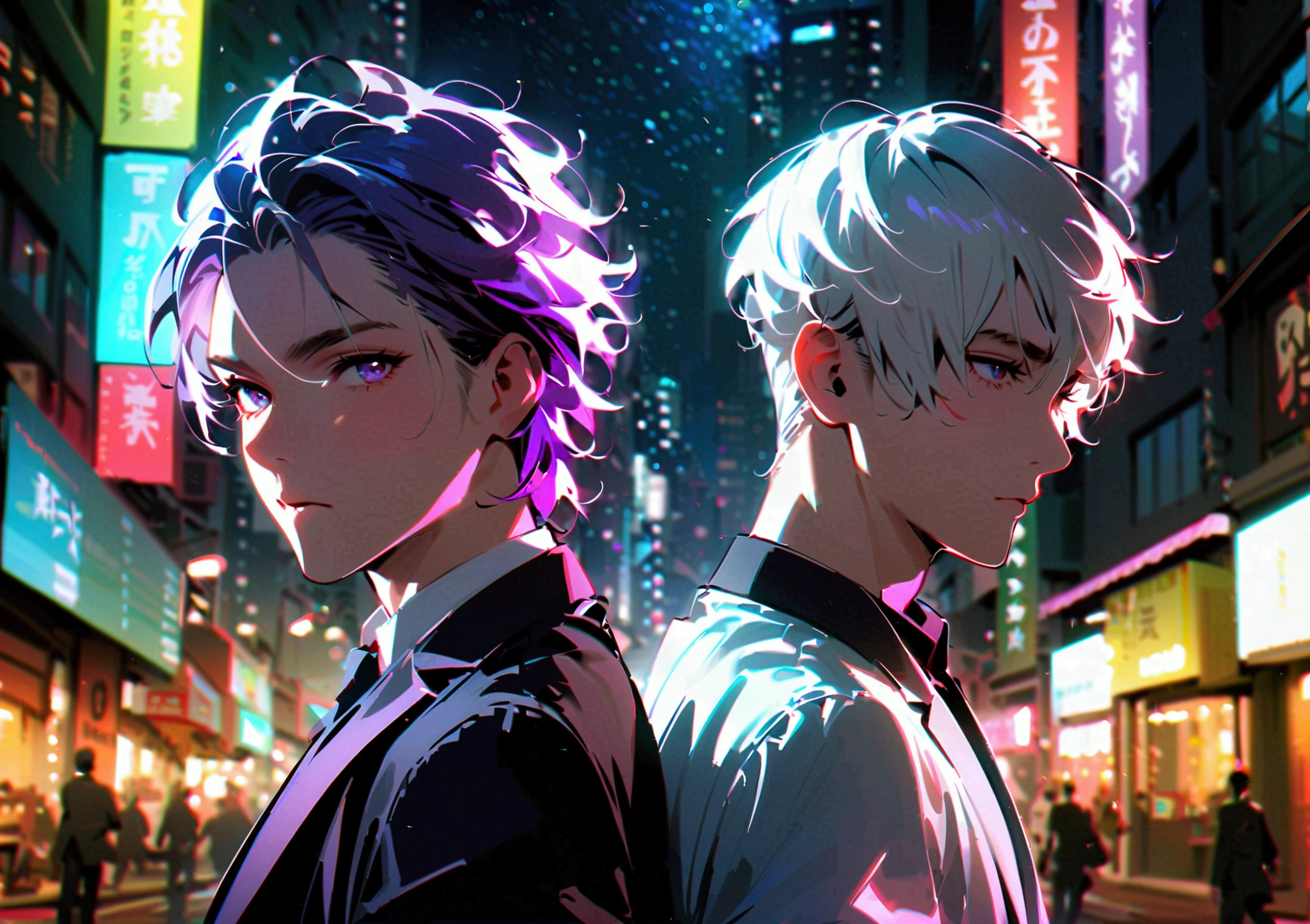 3 men with white hair, 1 man with black hair, 1 man in a black suit with purple hair, 1 man in a white suit turning their backs in the middle of the city at night.