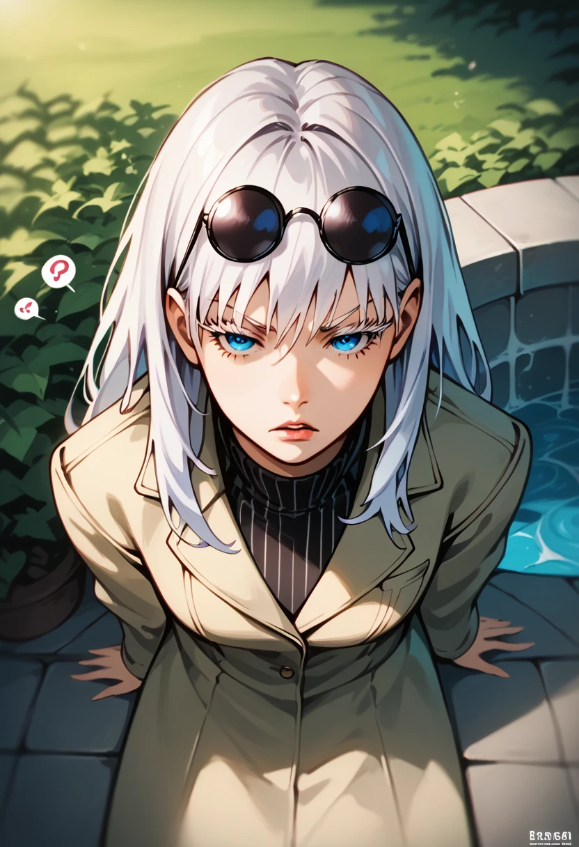 punctuation_9, punctuation_8_High above, punctuation_8, best qualityer,work of art,4K,very aesthetic,no censure,assessment_explicit,assessment_questionable, アニメ_fountain, gojou satora, gender swap \(mtf\), long hair, White hair, blue colored eyes, Depth of field, stunning color, (white eyelashes:1.5), female focus, break, 1 girl, mellow, gazing at viewer, (Glasses on the head, round glasses), ssmile, Grinning, Grinning, forest background, trench coat, Striped culotte pants, break, Animado pela DreamWorks Animation, disheveled hair, perfect composition, break,cinematic lighting and shadow, dynamic pose, Expressive, face perfect, perfectbody,(work of art), (best qualityer), (ultra detali), very aesthetic,very detailled, high detailed texture, 8K,