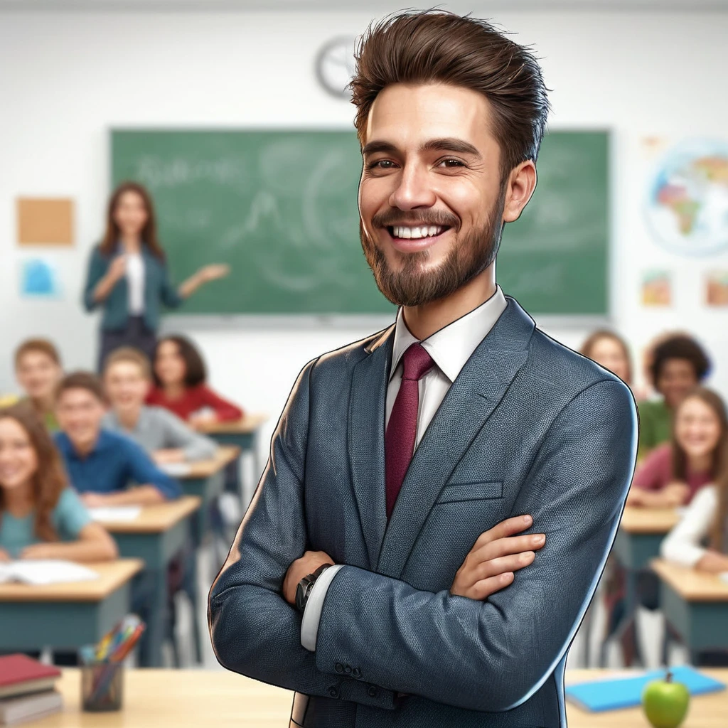 Caricature of a male teacher, the background of the students in class is blurry, smiling pose, reallistic, 4k, full HD