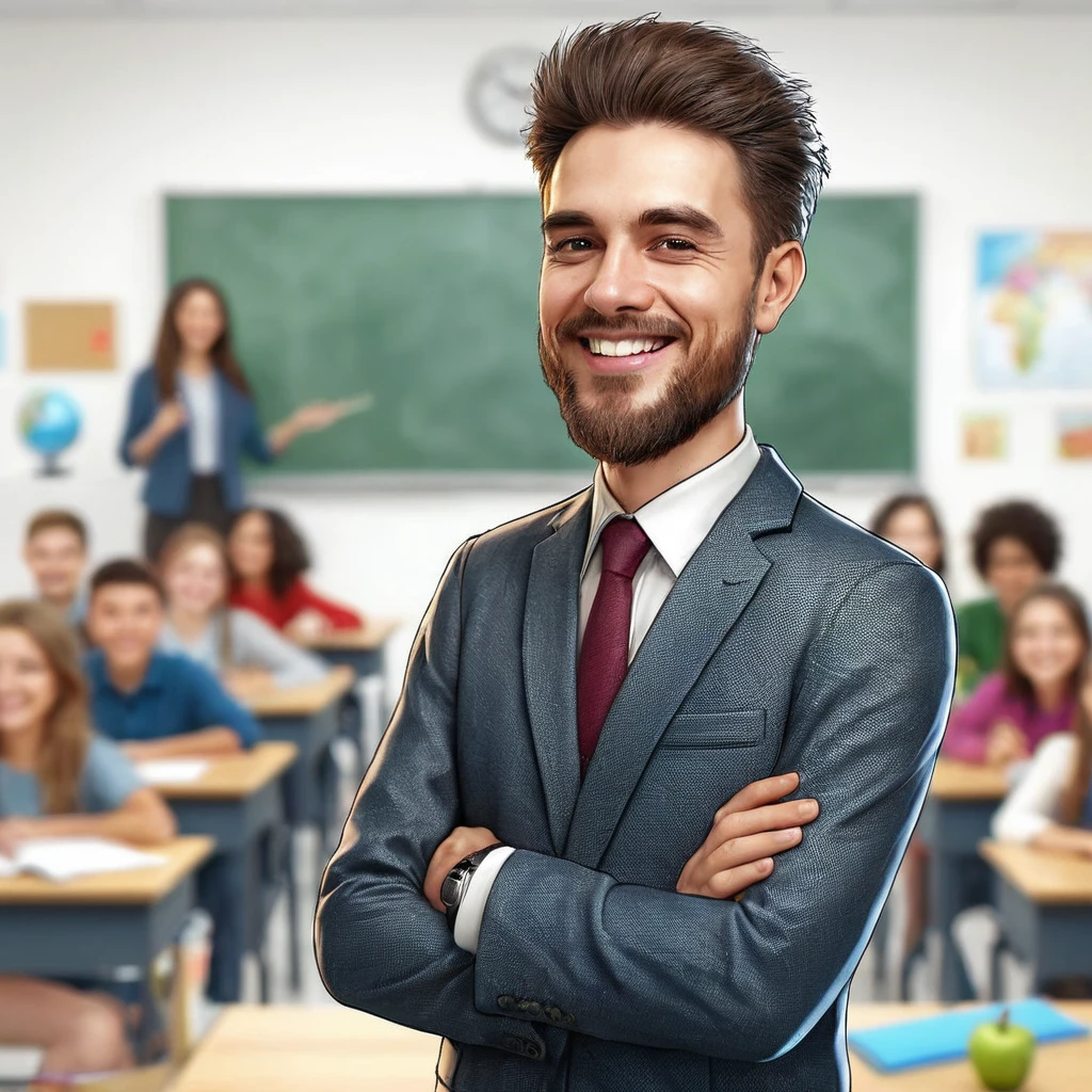 Caricature of a male teacher, the background of the students in class is blurry, smiling pose, reallistic, 4k, full HD