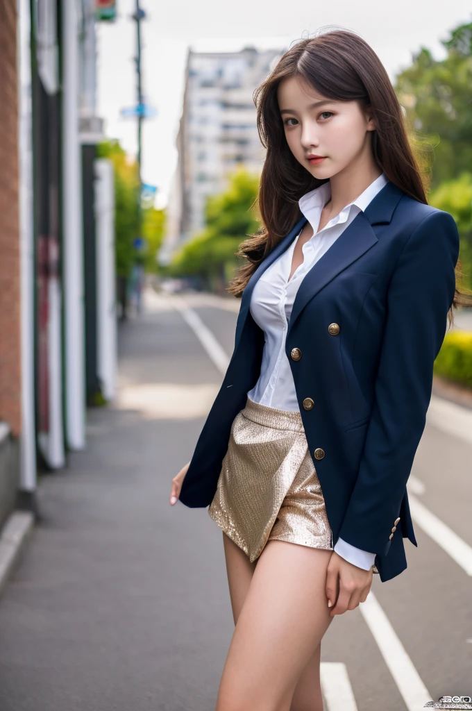 a 17 year old girl, she is the most beautiful actress in the world, the perfect body proportions of this girl, the formal shirt under the tight blazer is directly worn on her large breasts, her crotch area of the panties are hardly hidden by the short skirt, her bare legs, her body looking straight to viewer of this photo, she is standing straight at the street, nsfw, best quality, highly detailed, masterpiece, ultra high res, photo realistic, 8k, RAW photo
