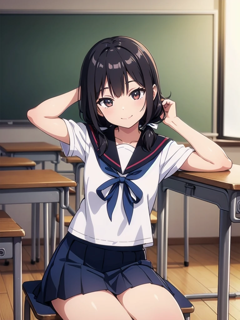 1girl, sitting, own hands together, arms up, (head tilt), smile, 15yo,
classroom, indoors, school chair, school desk, (low twintails girl), low pigtails, hair ribbon  white, very long black hair,
white serafuku with blue ribbon, navy-blue collar, navy-blue skirt,
(dark brown eye), afternoon, summer,
school,
(from front:1.4), upper body,
anime, high brightness, detailed face, detailed eyes,
(high quality, ultra detailed, masterpiece, FHD)