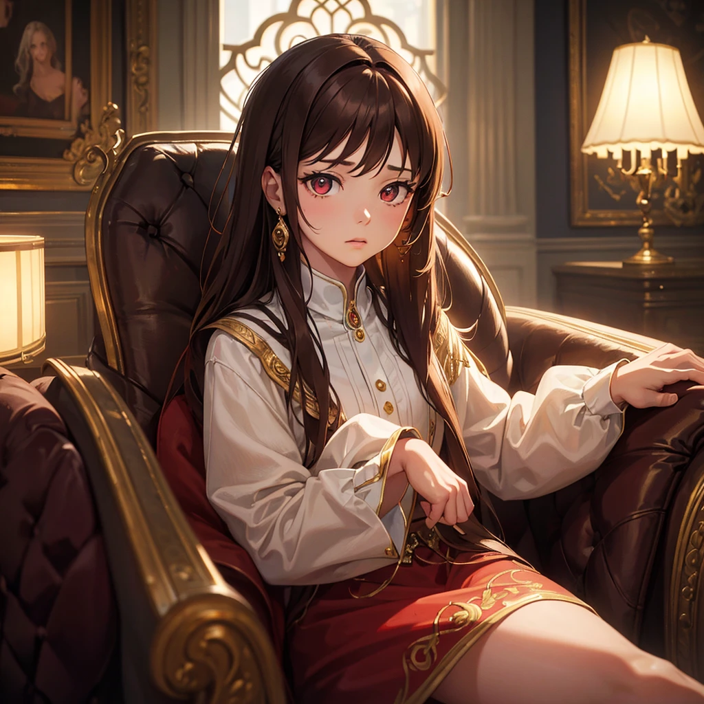 A  royal, long brown wavy hair, sitting on a sofa elegantly, red eyes, facing forward, emotionless expression, confident, detailed hands, (best quality, 4k, 8k, highres, masterpiece:1.2), ultra-detailed, (realistic, photorealistic, photo-realistic:1.37), HDR, UHD, studio lighting, ultra-fine painting, sharp focus, physically-based rendering, extreme detail description, professional, vivid colors, bokeh, portrait, digital painting