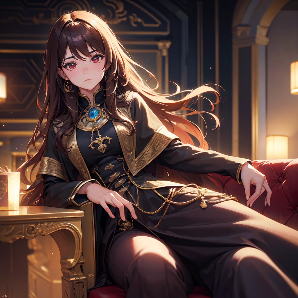 A young royal, long brown wavy hair, sitting on a sofa elegantly, red eyes, facing forward, emotionless expression, confident, hide the hands, (best quality, 4k, 8k, highres, masterpiece:1.2), ultra-detailed, (realistic, photorealistic, photo-realistic:1.37), HDR, UHD, studio lighting, ultra-fine painting, sharp focus, physically-based rendering, extreme detail description, professional, vivid colors, bokeh, portrait, digital painting