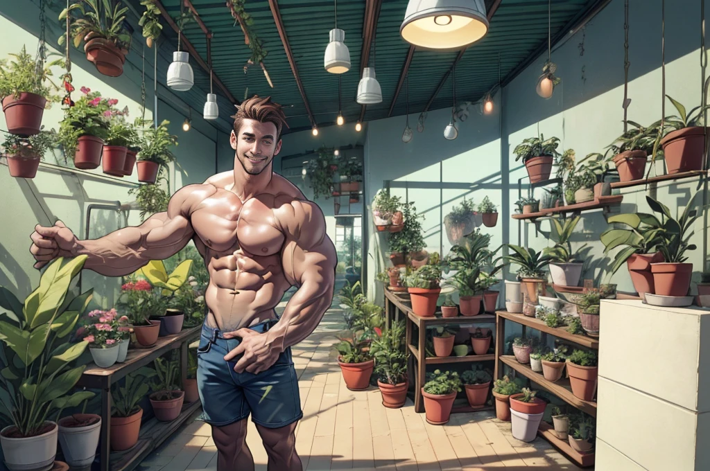 Clear background、A handsome tall man standing, He is 28 years old，Thin waist，The pectoral muscles are well developed, He is 175cm tall，Weight 62 kg、yellow-green eyes、brown hair color、short hair、Shirtless、Denim shorts,Holding a potted plant in hand、looking into camera，Smile，在一家gardening store內，Lots of potted plants and gardening tools placed around，Natural daylight，Warm wood decor，gardening store，indoor，Cinematic feel，gentle but sexy，Full of details，Living Style，Sideways photo