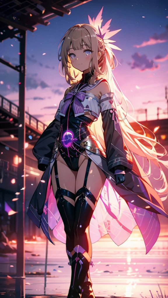 (Highly detailed CG), (Highest quality), 1 Girl,alone, Grey Eyes,Long Hair, Blonde,Purple Dress,Wide white sleeves,Purple ribbon,Purple Stockings,hair ornaments,Bare shoulders,Removed sleeve, Black gloves, Blunt bangs, Magical girl, Perfect Face,  Shiny skin, Shiny skin, Wide Hips,Tight waist,leotard，Very Boots，Elbow Bag,1 Girl, Long Hair, sunset，Octane