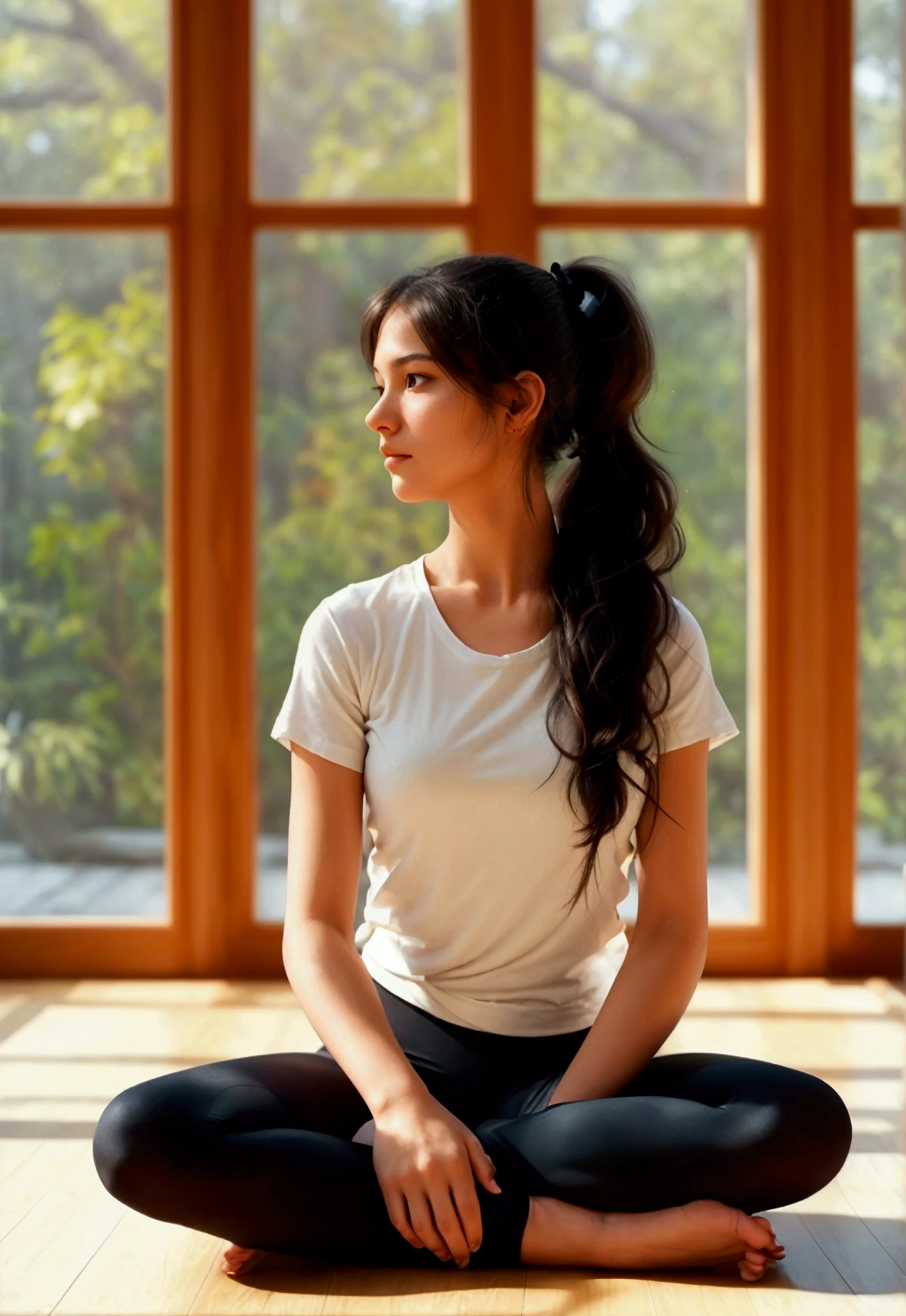 anika Create a realistic portrait of a young woman named anika. She is performing a yoga pose, sitting on a yoga mat in a spacious and serene living room. She is wearing a white t-shirt that highlights her breasts and she is also wearing black tights. Her long, dark hair is tied up in a ponytail and she has a focused and calm expression. The background shows large windows that let in natural light, with views of the outside vegetation. There is minimalist wood paneling along the wall and light colored floors, creating a calm and welcoming atmosphere. The lighting is natural, highlighting her facial features, the details of her yoga posture, and the tranquility of the scene.