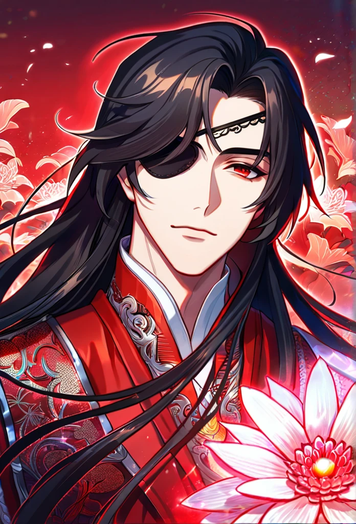 Ultra detailed, HDR, Highres, absurdres, master piece, Hua Cheng, black long hair, expressive red eye, black eye patch, Heaven Official's Blessing, patterns, red clothes, red petals, red ice flowers, sexy man, solo, extremely detailed face and eyes, extremely handsome, glittering, red glass,