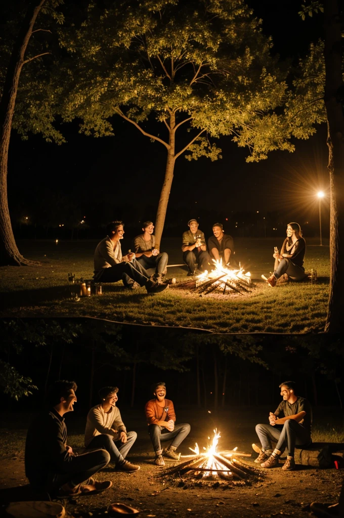 On a full moon night, laughing with friends around a bonfire under a tree