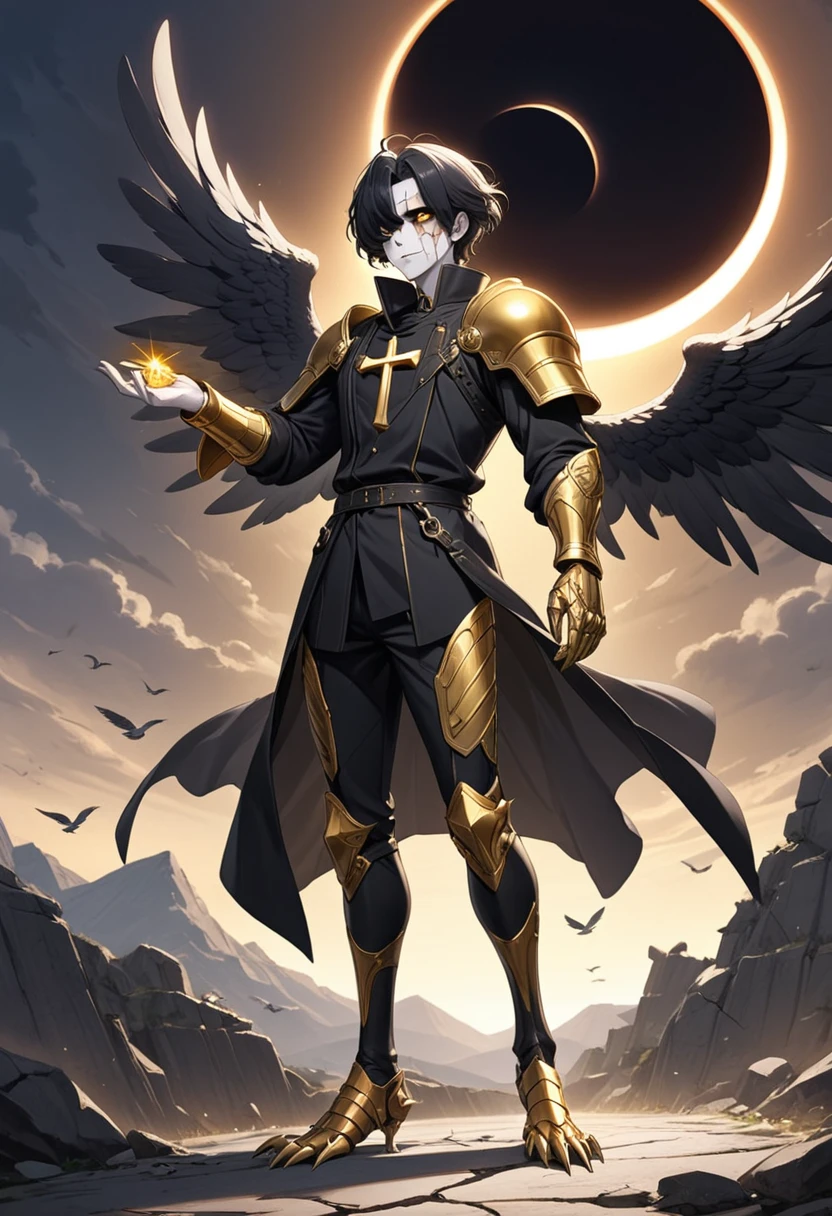 1man, adult, angel, pale skin, black hair, very short hair, white hairlocks, golden eyes, broken face, crack on the face, radiance coming from the crack, missing eye, black wings, eyed wings, bird legs, black robes, golden details, golden shoulder pads, golden prothesis in right hand, clawsprothesis, sword-cross on hands, eclipse, fullbody