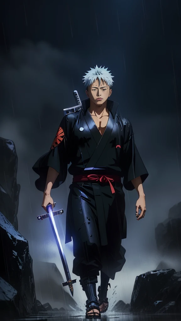 anime character with sword and head in rain with a dark background, jujutsu kaisen, anime wallaper, okata kazuto, key anime art, epic anime style, key anime visuals, with index finger, shinji, inspired by Okumura Masanobu, aramaki shinji, mobile wallpaper, futuristic tetsuo, official art