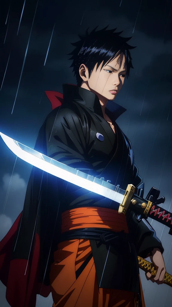 anime character with sword and head in rain with a dark background, jujutsu kaisen, anime wallaper, okata kazuto, key anime art, epic anime style, key anime visuals, with index finger, shinji, inspired by Okumura Masanobu, aramaki shinji, mobile wallpaper, futuristic tetsuo, official art