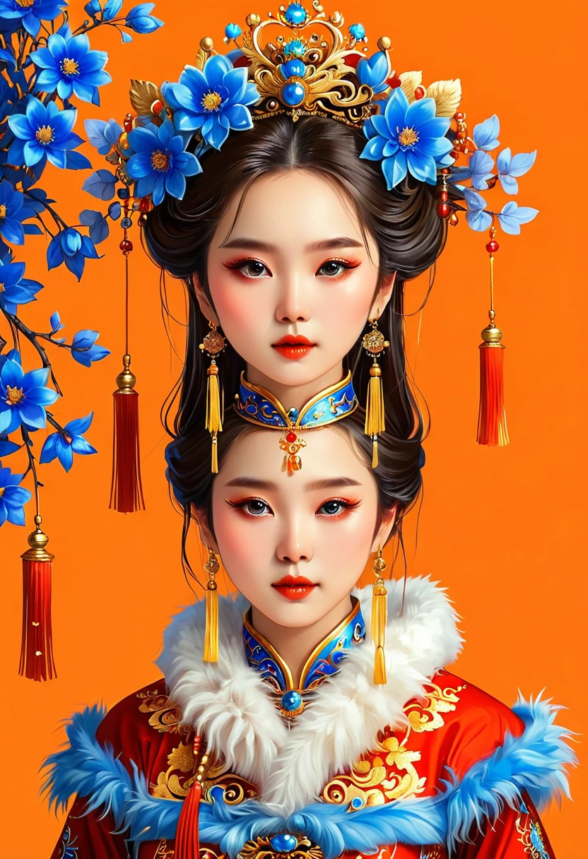 (masterpiece, best quality:1.2), 1 girl, alone,queen of china,You have a pretty face and big eyes., She wears a colorful headdress with blue flowers and gold tassels... She is wearing a dark red Chinese dress,There is a white fur collar around the neck.,bright orange background.