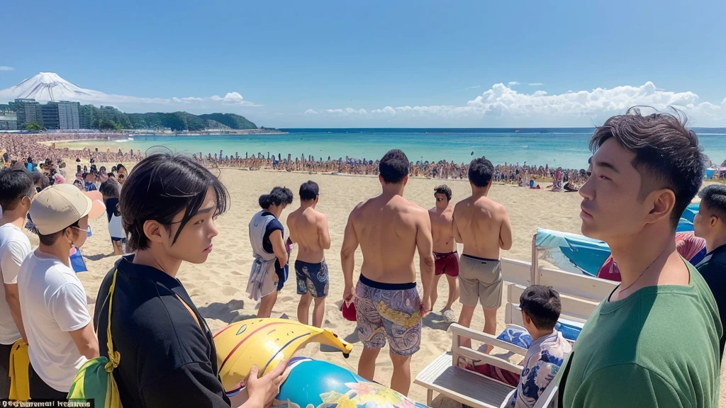 masterpiece, best quality, ultra-detailed, detailed scenery,  beautiful detailed eyes, Angle from the front, (Landscape Photography:0.9), 
Beach, (crowd of men:1.4), (4 Japanese men looking at the viewer:1.6), wearing only swim trunks,

beach chairs, beach ball, beach umbrella, (toy banana boat in the sea:1.1), 