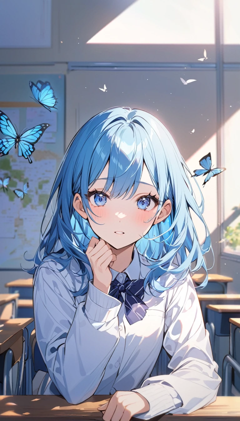 Woman,School,Uniform,blue hair,blue eyes,calm expression,butterflies in the background
