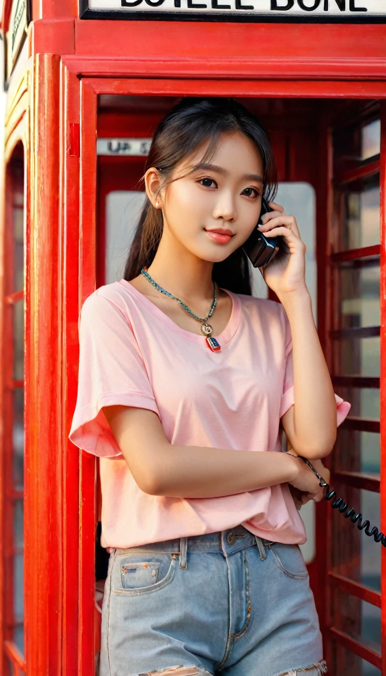  s girl Indonesian,UHD, close-up of cute Korean female,Chest size 32 inches, ponytail, Wearing rolled sleeves t-shirt, necklace, standing beside the phone booth, sunset light 