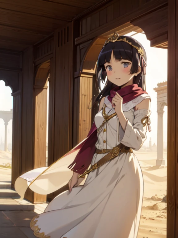(masterpiece, Highest quality:1.1), (Desert Princess), 1 Girl, alone, Gold embroidery, Kaftans,Turbaned, scarf, jewelry, Circlet, 額のjewelry, Elegant robes, satin, Veil, gem, tiara, Arabian Style, Desert Landscape, carpet, Hair blowing in the wind, Shining, Sunset, oasis, silk, Sparkling Eyes, Sand Dunes