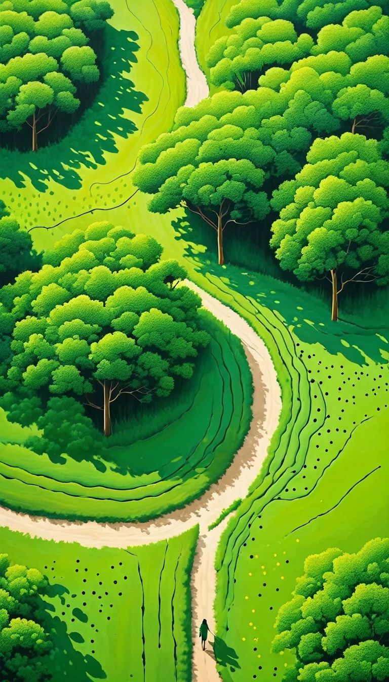 The art of dot painting:Flat Wind,Green,Top view,Aerial Photography,Woods path,1 People silhouette