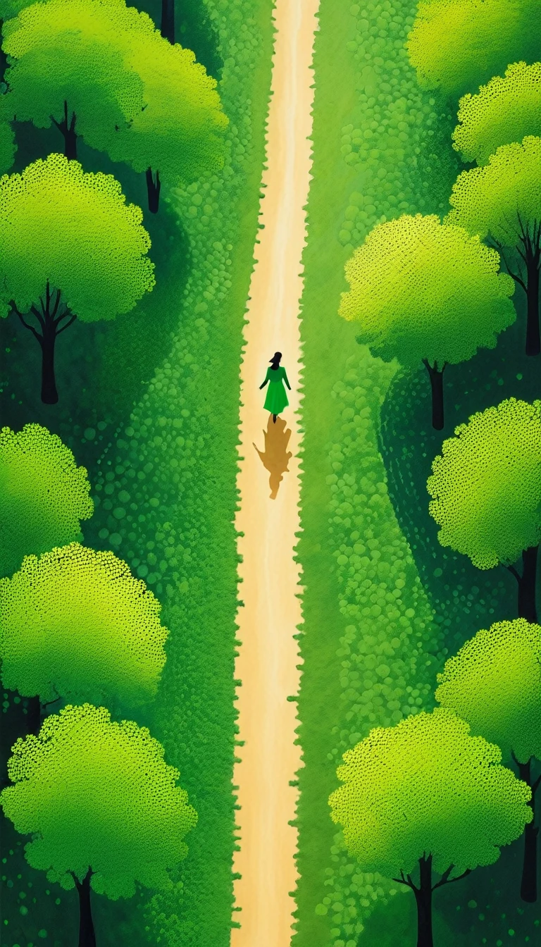 The art of dot painting:Flat Wind,Green,Top view,Aerial Photography,Woods path,1 People silhouette