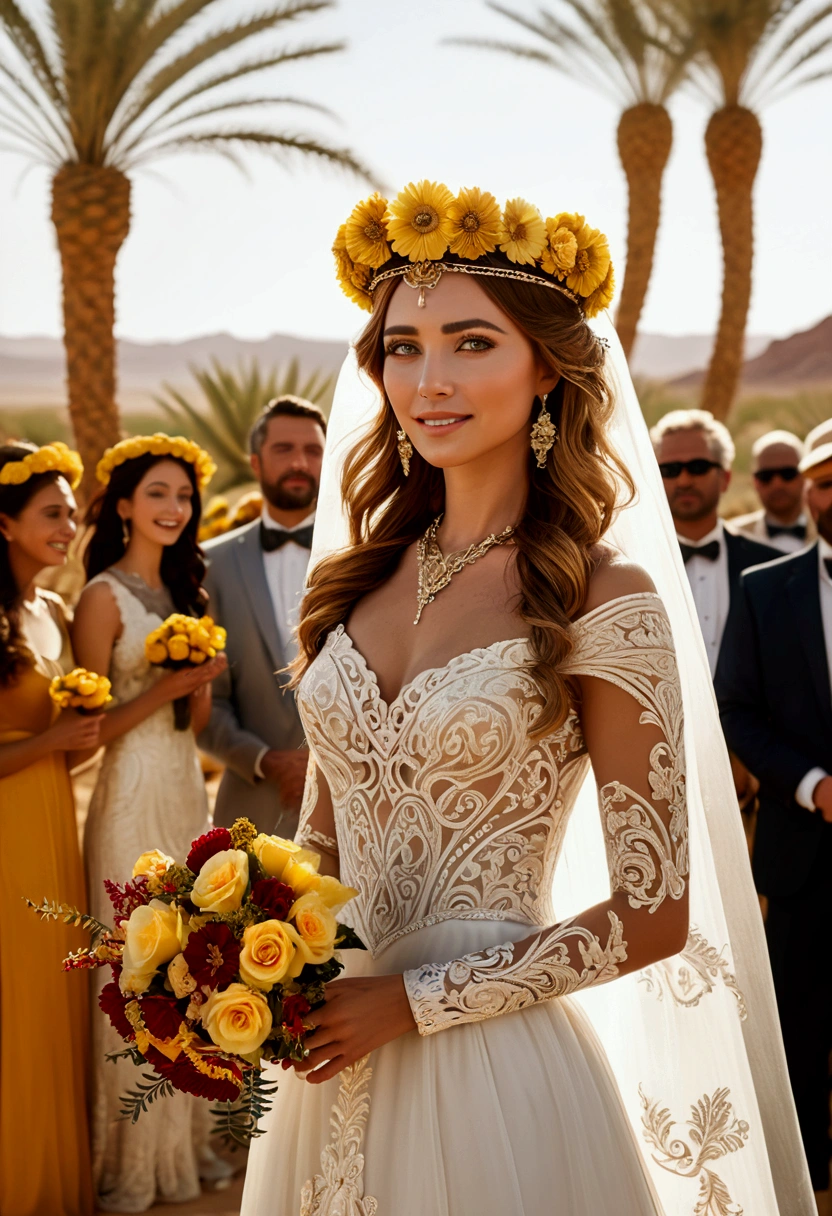 (a Desert Princess), The gorgeous desert princess is exchanging vows with her lover at the wedding. She is dressed in a golden flower crown wedding dress, and guests are dressed in festive attire. The background is a wedding scene decorated with desert specific plants and flowers, creating a happy and joyful atmosphere, full body, (Photography), panoramic view, award-winning, cinematic still, emotional, vignette, dynamic, vivid, (masterpiece, best quality, Professional, perfect composition, very aesthetic, absurdres, ultra-detailed, intricate details:1.3)