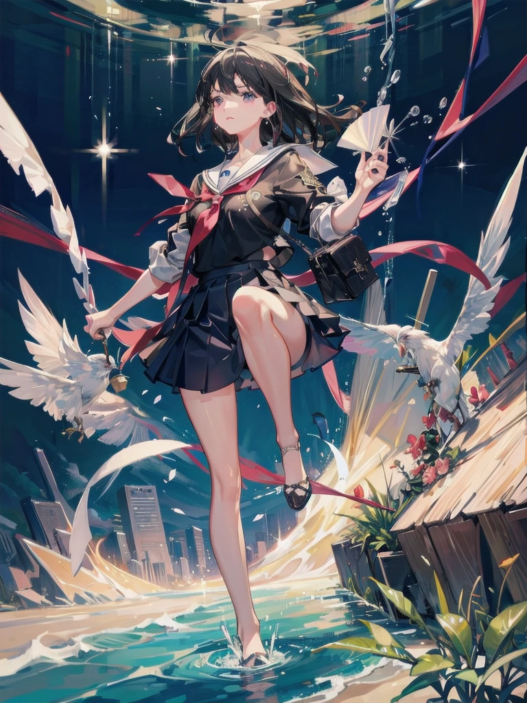 absurdres, RAW photo, extremely delicate and beautiful, masterpiece, Best Quality, ultra high resolution, 32k, hyperrealistic, ultra-detailed, perfect figure, in her 20s, very small head, very small face, delicate facial features, tearful mole, earring, very huge breasts, full body shot, medium hair, black hair, school_uniform, short skirt,