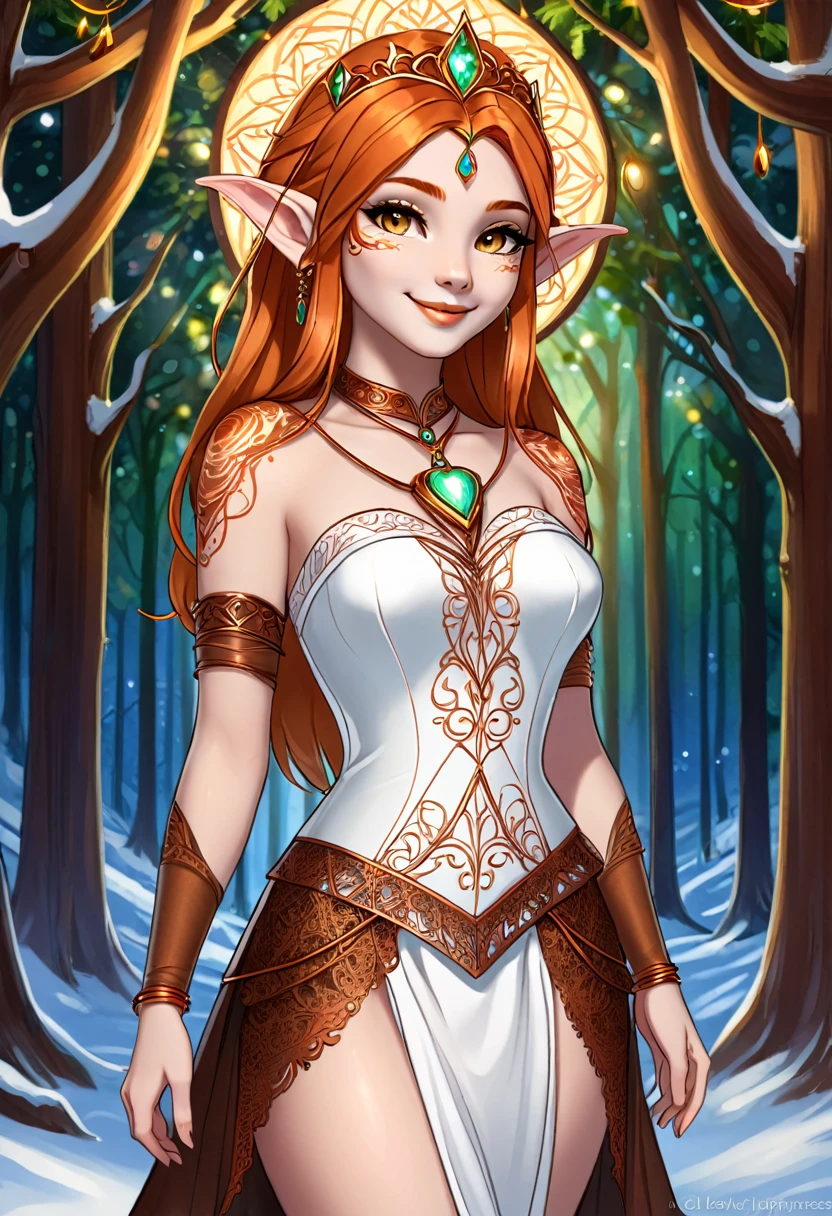 Steampunk inspired elven princess. copper wire necklaces and bangles. Crown of fine copper wire. copper coloured tatoos cover her face and body intricate and beautiful designs. LArge pointed ears that end in curlicues. Hands on hips. Ember colored eyes adorned with intricate copper wireing. a Pure white dress, hemmed with copper, covered in copper lace and filligree. cppper designs cover the skirt in a kaleidoscope of intricate copper designs. Background is magical verdant forrest. Her visage is a mesmerizing blend of Arial Winter, creating a unique, symmetrical face that exudes elegance and grace. Copper colores face tattoos. Copper colored are, and chest tatoos. Cozy, romantic lighting. Cheerful smile. Copper hair that shimmers and sparkles in the lights. Hourglass figure. copper lips. copper eye shadow.